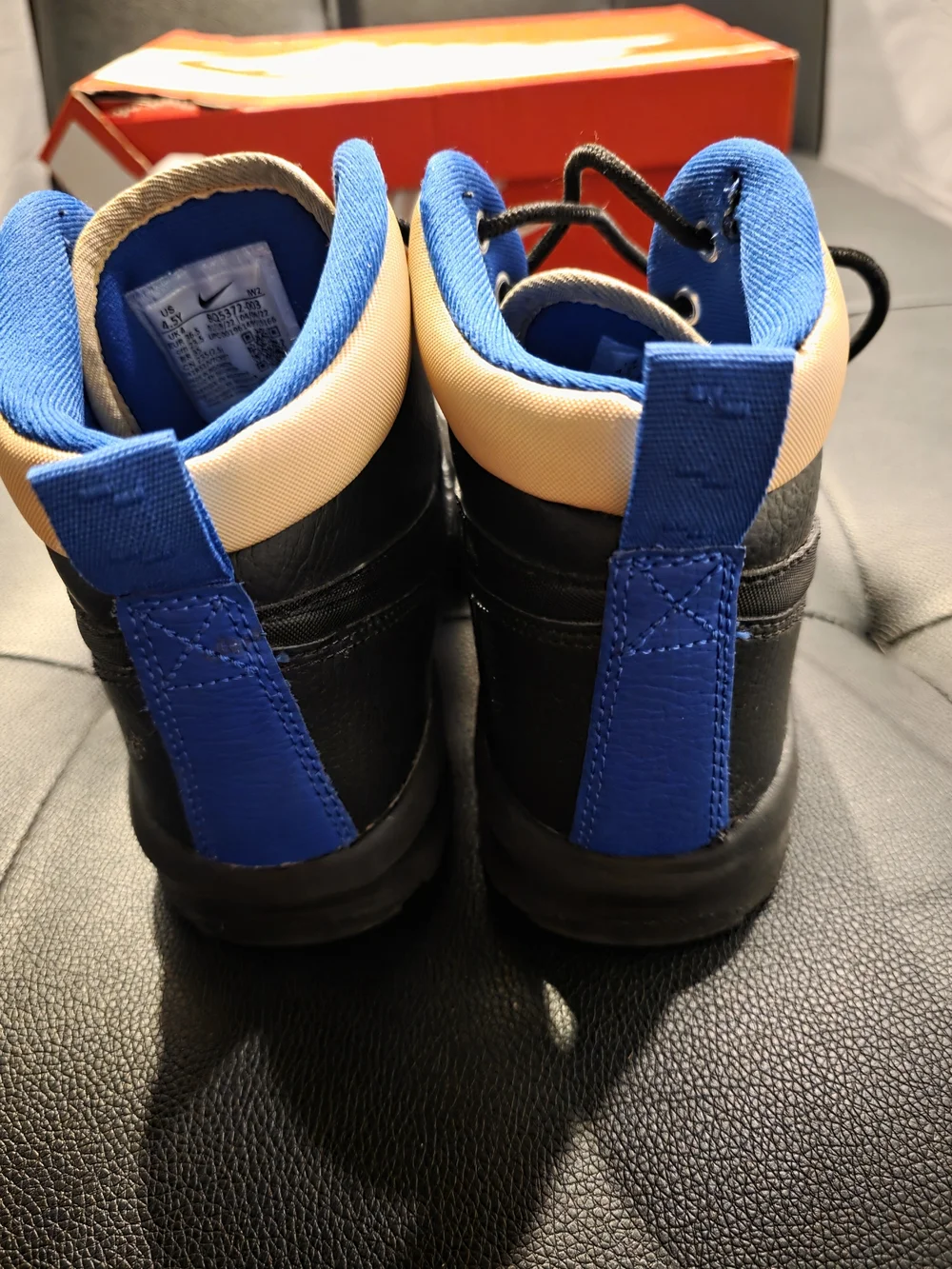 Boy's Nike Black High-Top Leather Boots with Blue And Tan Accents